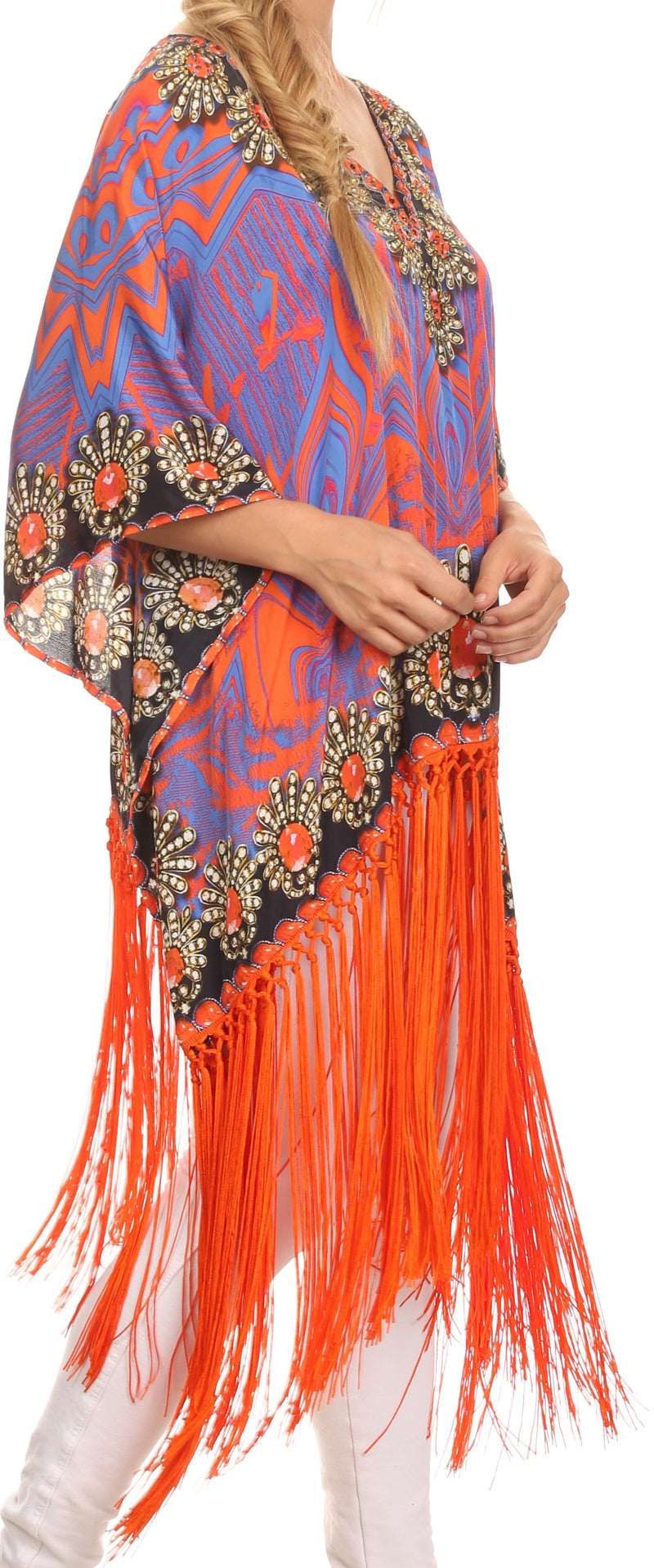 Sakkas  Keagan Mid Length Poncho Blouse Shirt Top With Fringe And Tribal Print