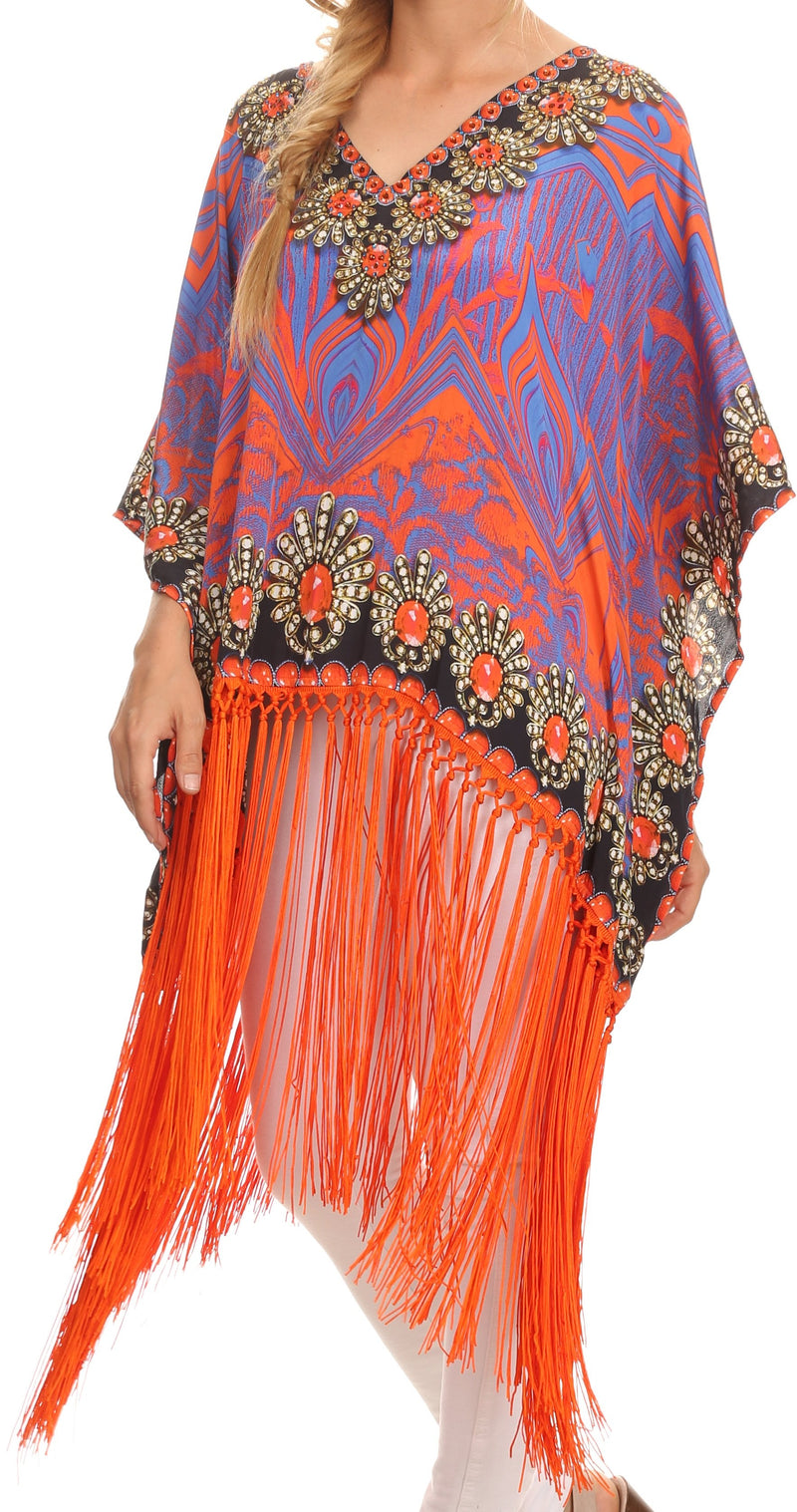 Sakkas  Keagan Mid Length Poncho Blouse Shirt Top With Fringe And Tribal Print