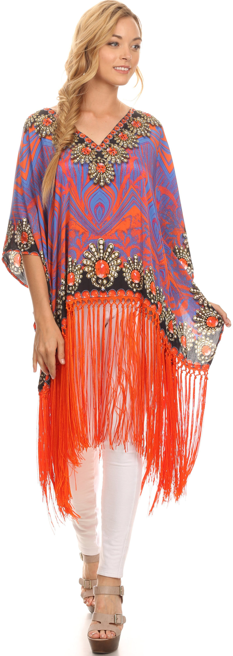 Sakkas  Keagan Mid Length Poncho Blouse Shirt Top With Fringe And Tribal Print