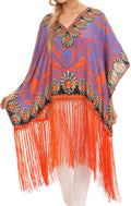 Sakkas  Keagan Mid Length Poncho Blouse Shirt Top With Fringe And Tribal Print#color_Purple/Orange