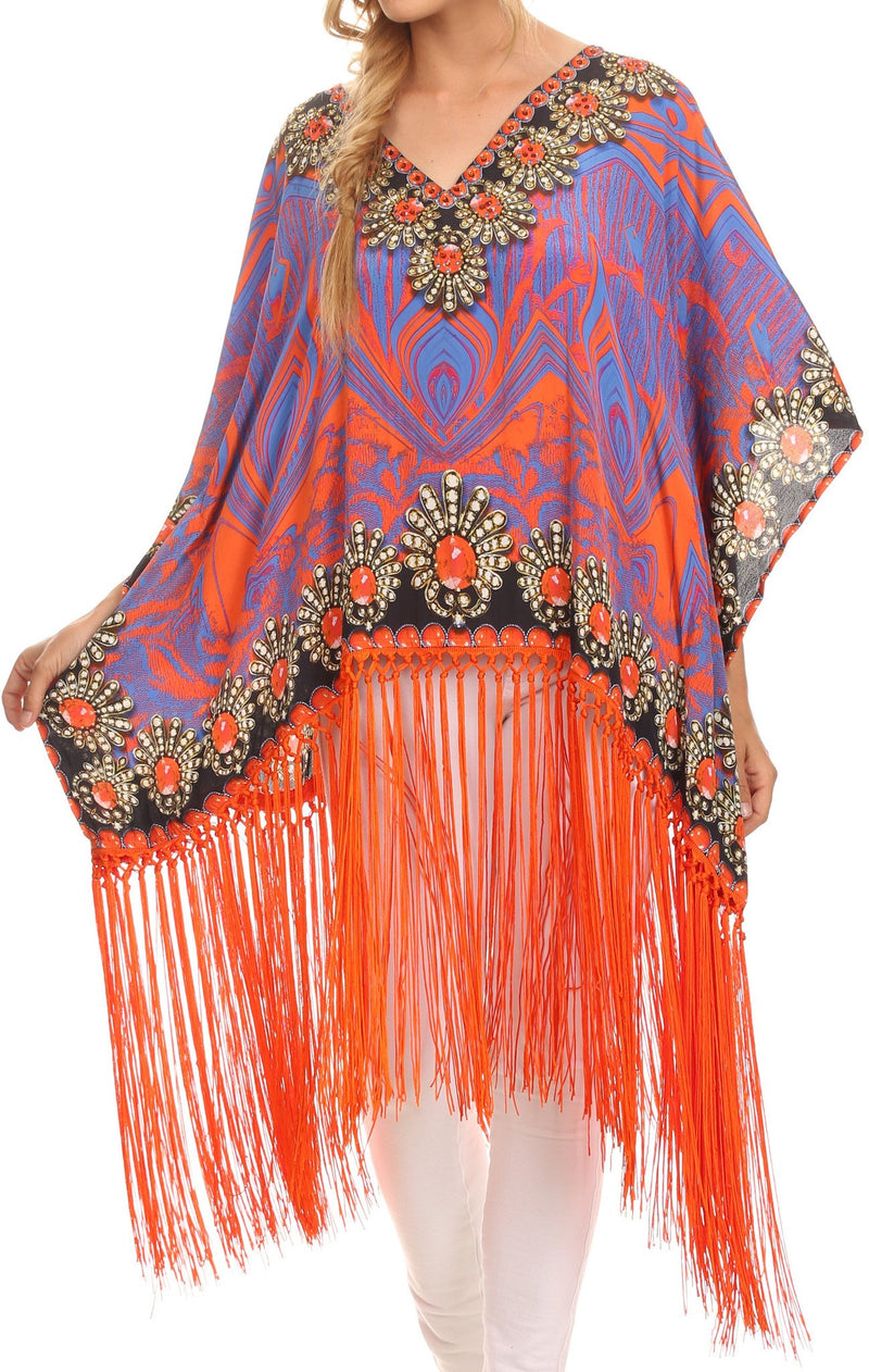 Sakkas  Keagan Mid Length Poncho Blouse Shirt Top With Fringe And Tribal Print