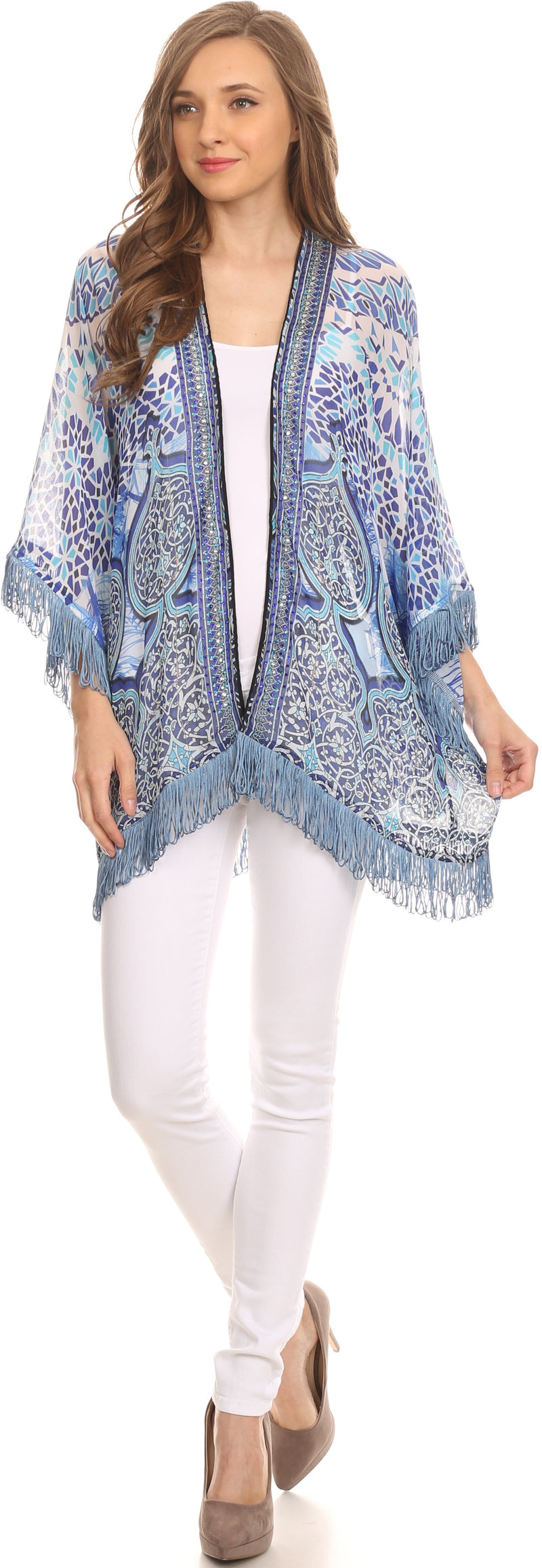 Sakkas Kimono Finley Sheer Kimono Top Cardigan Jacket With With Fringe And Design Print
