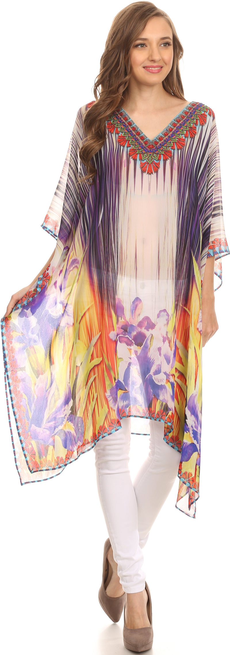 Sakkas Mimi Short Caftan Semi Sheer Moroccan Printed Pattern Dress / Cover Up