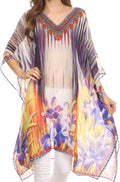 Sakkas Mimi Short Caftan Semi Sheer Moroccan Printed Pattern Dress / Cover Up#color_PurpleYellow/Multi