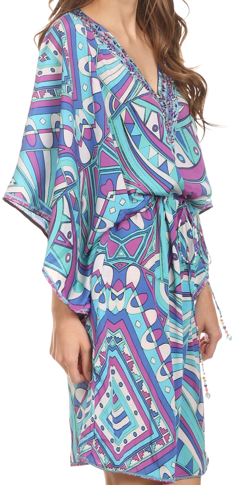 Sakkas Zander Drawstring Waist Dress / Cover Up With Rhinestone  V-Neck
