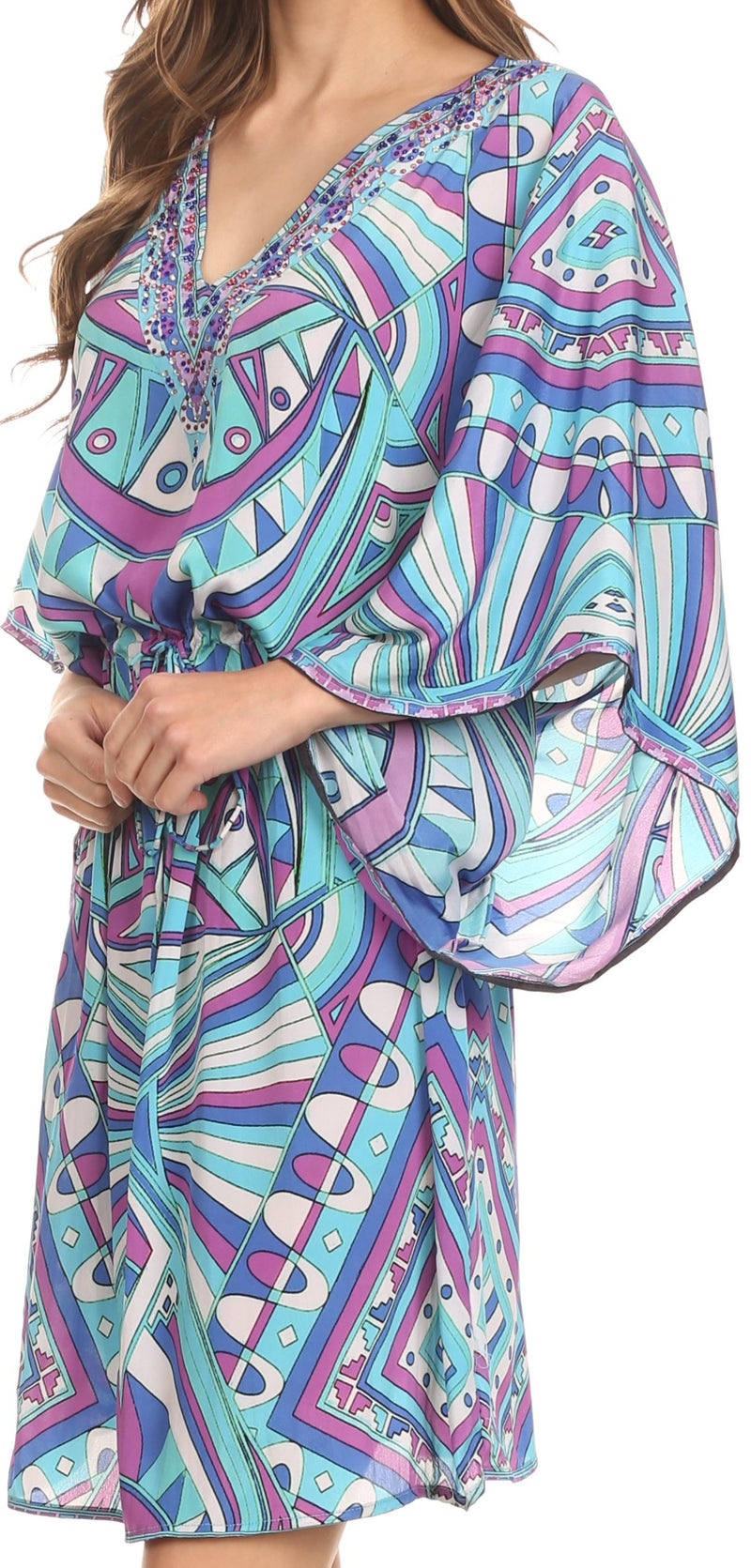 Sakkas Zander Drawstring Waist Dress / Cover Up With Rhinestone  V-Neck