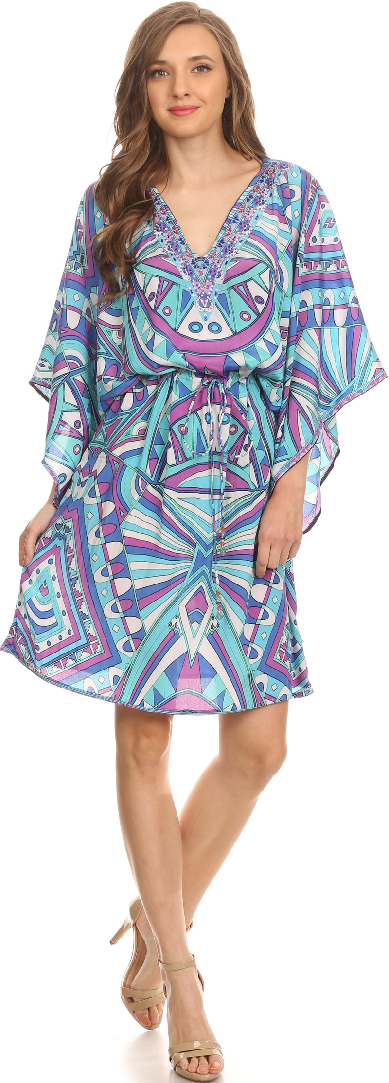 Sakkas Zander Drawstring Waist Dress / Cover Up With Rhinestone  V-Neck