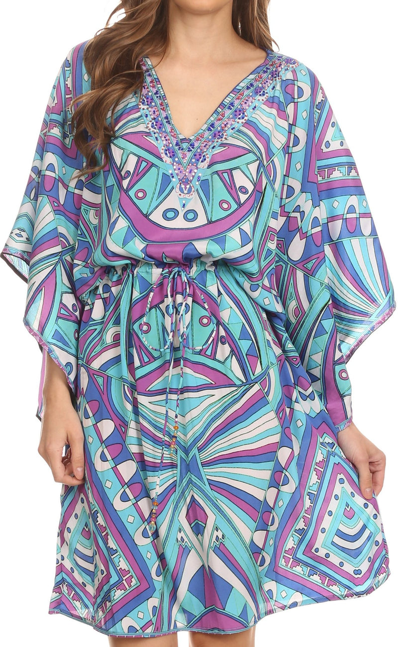 Sakkas Zander Drawstring Waist Dress / Cover Up With Rhinestone  V-Neck