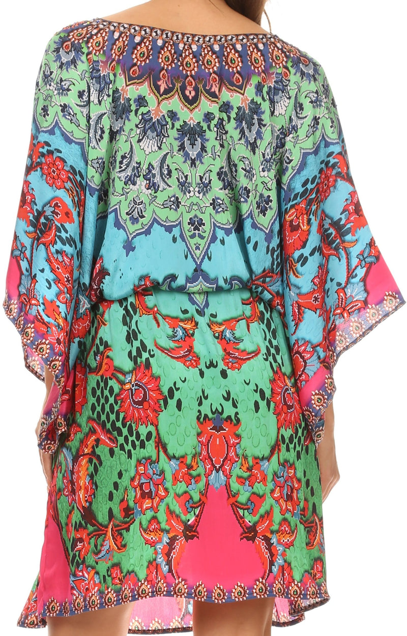 Sakkas Zander Drawstring Waist Dress / Cover Up With Rhinestone  V-Neck