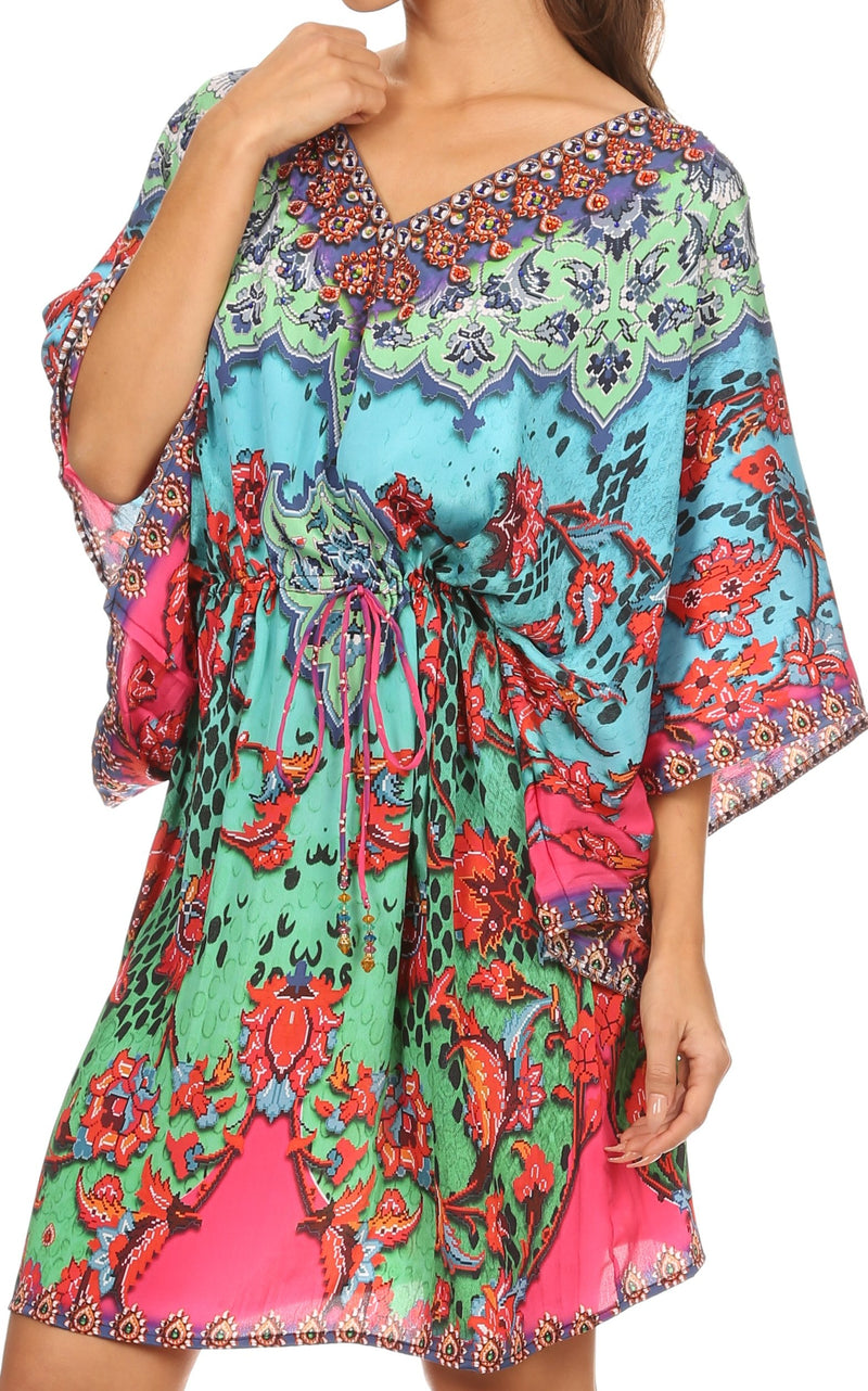 Sakkas Zander Drawstring Waist Dress / Cover Up With Rhinestone  V-Neck