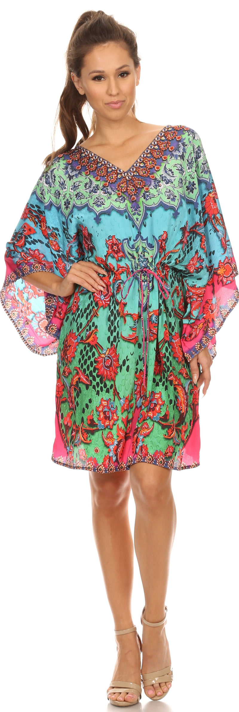 Sakkas Zander Drawstring Waist Dress / Cover Up With Rhinestone  V-Neck