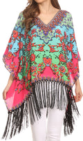 Sakkas Short Poncho Tatum Poncho Top Shirt Blouse With Knotted Fringe Tassles#color_Red/BrightGreen