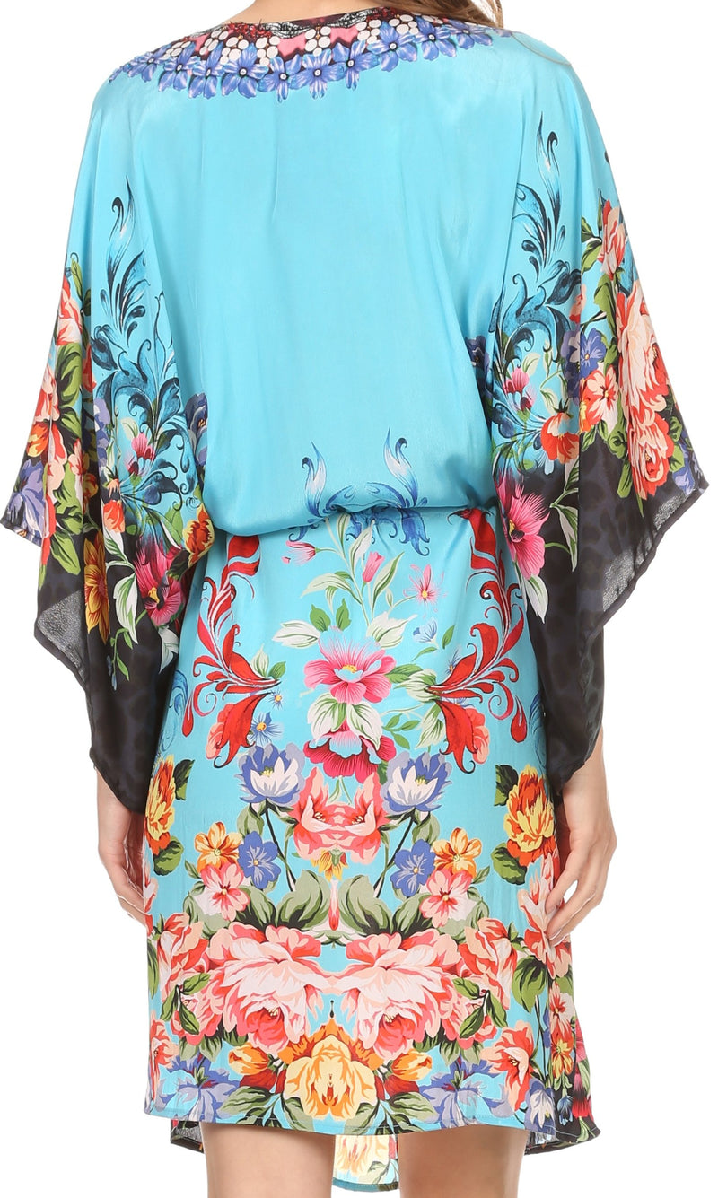 Sakkas Zander Drawstring Waist Dress / Cover Up With Rhinestone  V-Neck