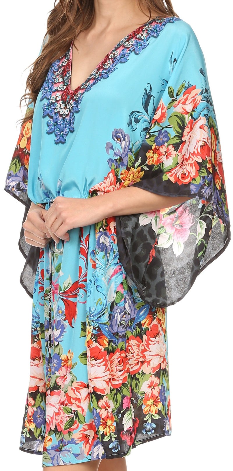 Sakkas Zander Drawstring Waist Dress / Cover Up With Rhinestone  V-Neck