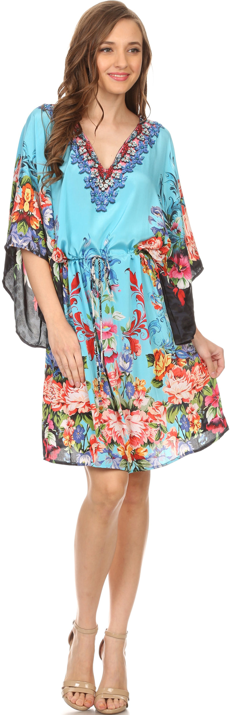 Sakkas Zander Drawstring Waist Dress / Cover Up With Rhinestone  V-Neck