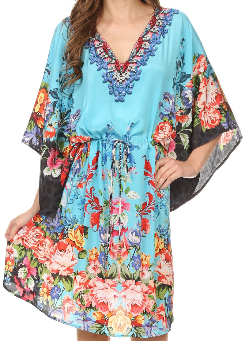 Sakkas Zander Drawstring Waist Dress / Cover Up With Rhinestone  V-Neck