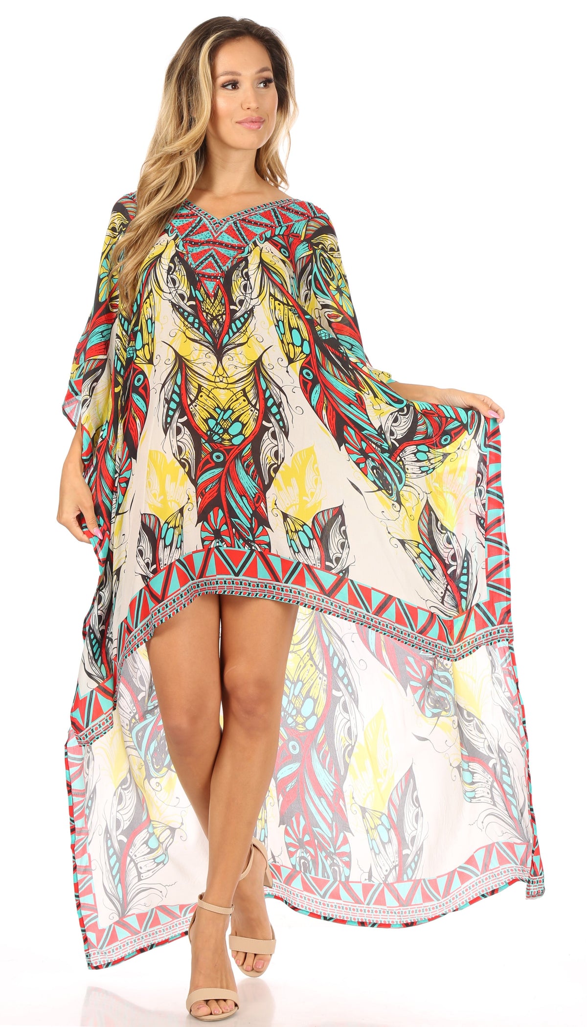 Sakkas Laisson Flowy Hi Low Caftan Rhinestone Boxy V Neck