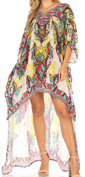 Sakkas Laisson Flowy Hi Low Caftan Rhinestone Boxy V Neck Dress Top Cover / Up#color_BrownTurquoise/Multi