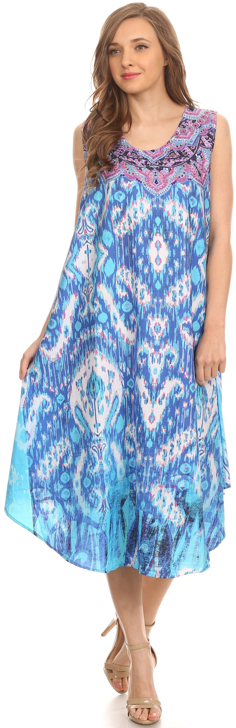 Sakkas Flowy Enzo Rhinestone Scoop Neck Umbrella Tea Length Tank Dress