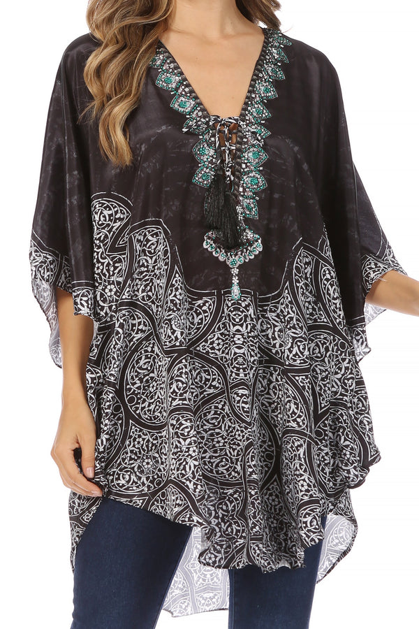 Sakkas Tallulah Wide Circle Blouse V Neck Top With Tassle Ties And Rhinestones#color_Black/Multi