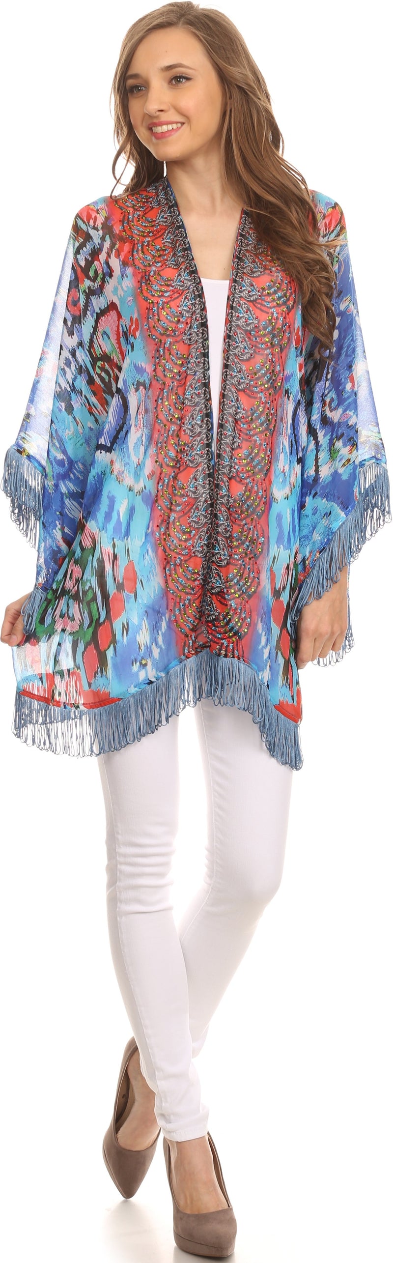 Sakkas Kimono Finley Sheer Kimono Top Cardigan Jacket With With Fringe And Design Print