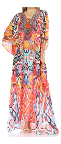 Sakkas  Georgettina Flowy  Rhinestone V Neck Long Caftan Dress / Cover Up#color_SunsetOrange/Multi