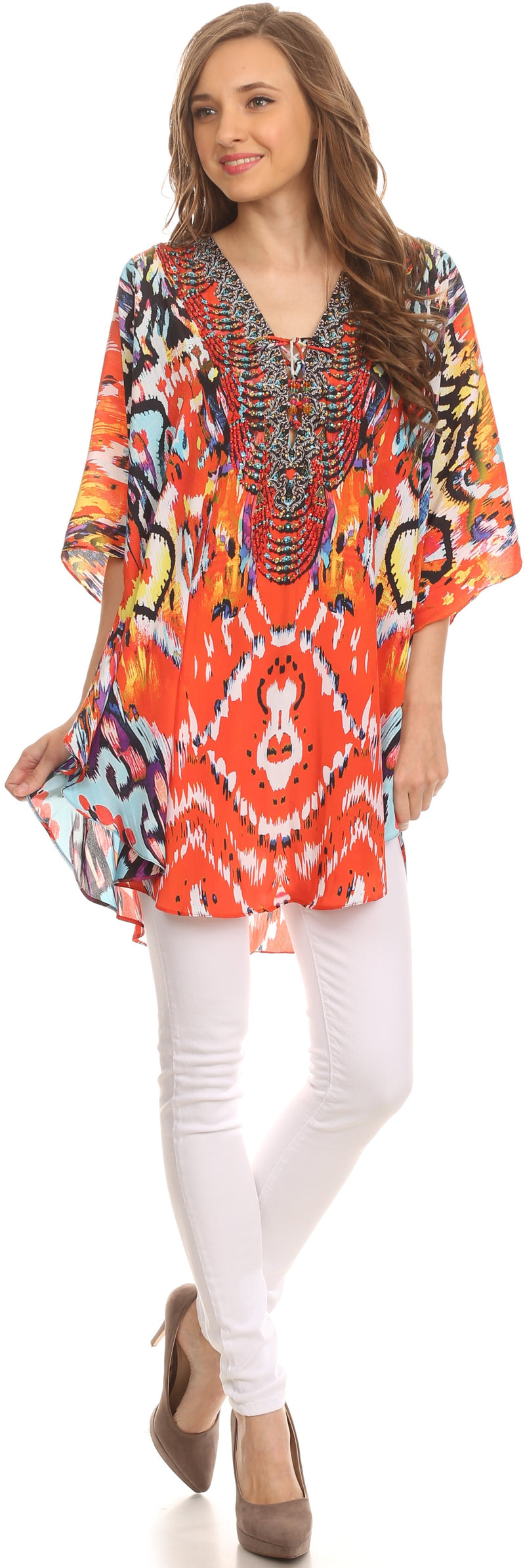 Sakkas Tallulah Wide Circle Blouse V Neck Top With Tassle Ties And Rhinestones