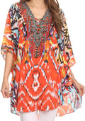 Sakkas Tallulah Wide Circle Blouse V Neck Top With Tassle Ties And Rhinestones#color_SunsetOrange/Multi