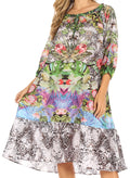 Sakkas Laura Women's 3/4 Sleeve Swing Floral Boho Midi Dress Cover-up Side Pockets#color_NM404-Multi