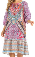 Sakkas Laura Women's 3/4 Sleeve Swing Floral Boho Midi Dress Cover-up Side Pockets#color_UM403-Multi
