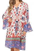 Sakkas Ximena Women's Floral Boho Cocktail Dress Tunic Cover-up V neck Summer#color_TW25-White