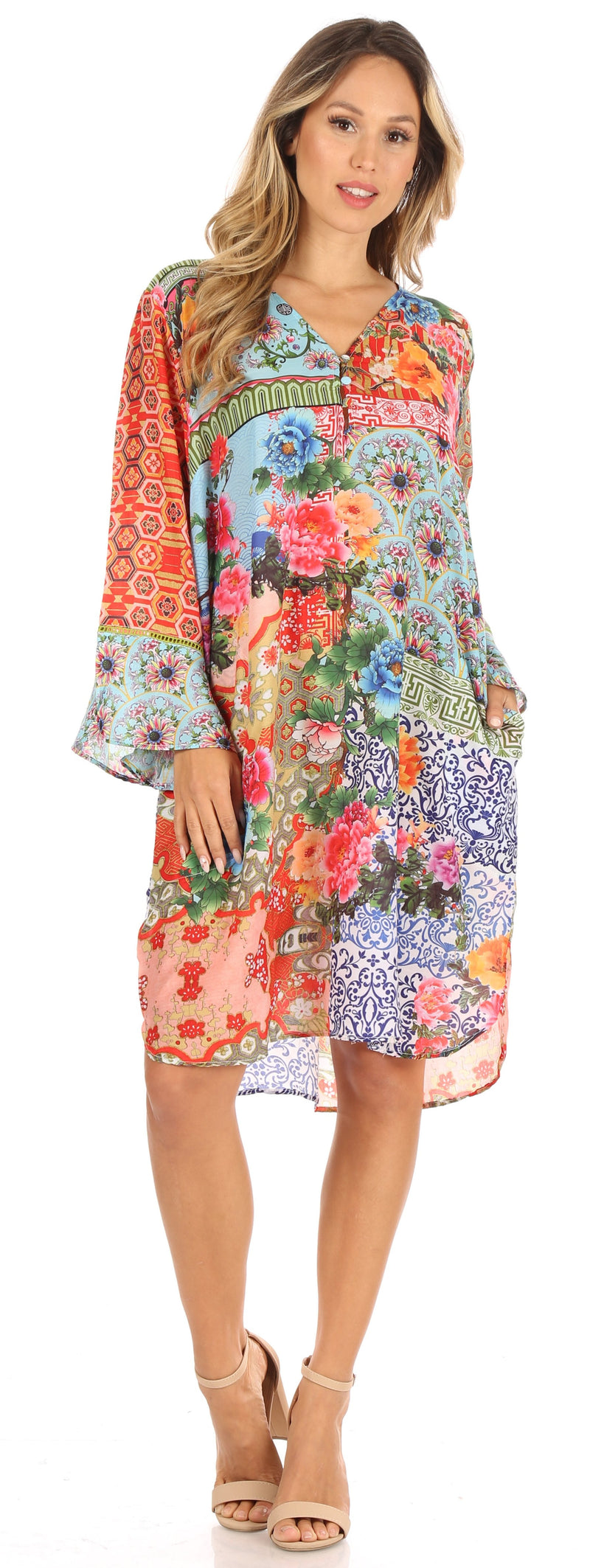 Sakkas Ximena Women's Floral Boho Cocktail Dress Tunic Cover-up V neck