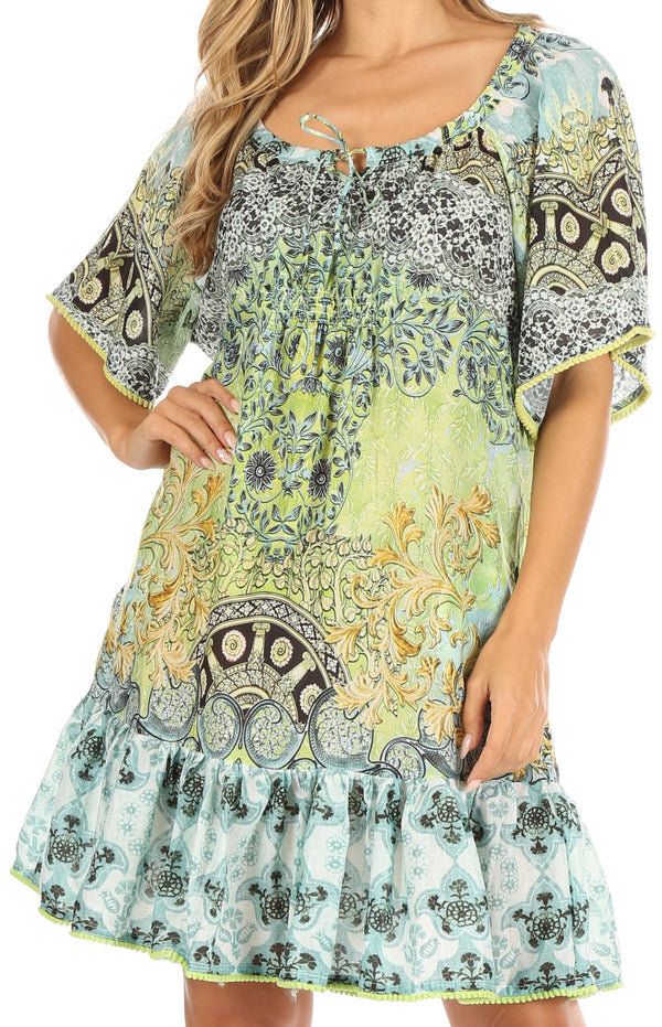 Sakkas Eliza Women's Cocktail Short Sleeve Floral Print Boho Dress Summer Casual#color_FLG377-Green