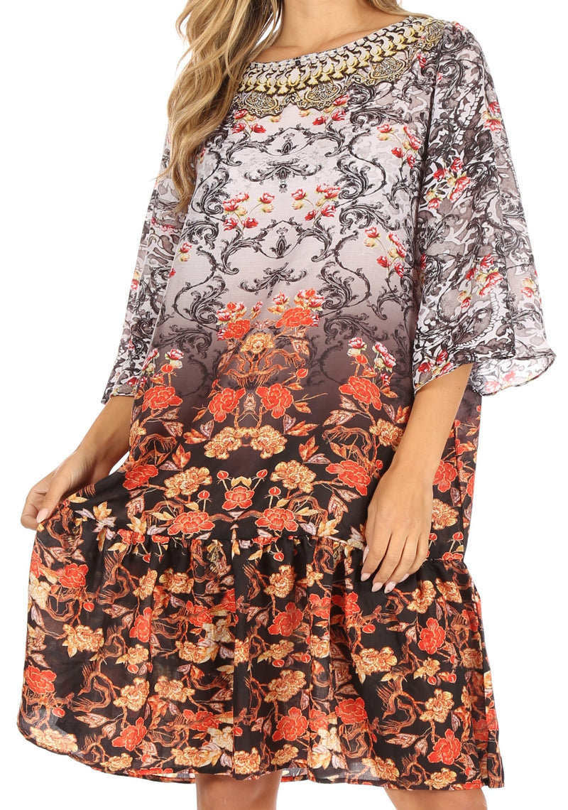 Sakkas Dona Women's Casual Swing 3/4 Sleeve Floral Print Boho Cocktail Midi Dress One Size / TM406-Multi