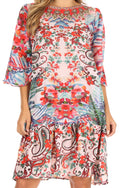 Sakkas Dona Women's Casual Swing 3/4 Sleeve Floral Print Boho Cocktail Midi Dress#color_UM407-Multi