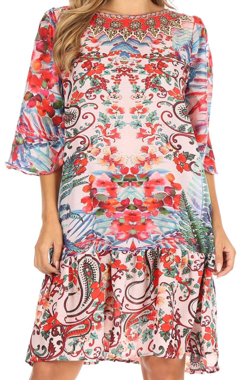 Sakkas Dona Women's Casual Swing 3/4 Sleeve Floral Print Boho Cocktail Midi Dress