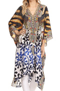 Sakkas Libra Mid Length Caftan Dress / Cover Up With Tribal Print / Rhinestones#color_Blue / Brown