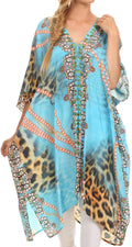 Sakkas Libra Mid Length Caftan Dress / Cover Up With Tribal Print / Rhinestones#color_Turquoise/Orange