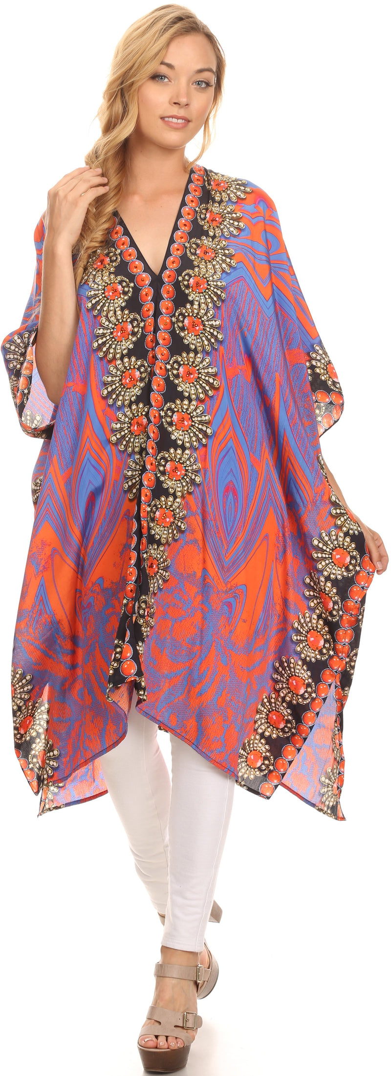 Sakkas Libra Mid Length Caftan Dress / Cover Up With Tribal Print / Rhinestones