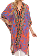Sakkas Libra Mid Length Caftan Dress / Cover Up With Tribal Print / Rhinestones#color_Orange/Navy