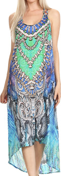 Sakkas Aramis Printed Long Draped Accent O Ring Crisscross Strappy Maxi Dress #color_17001-Green/Turquoise
