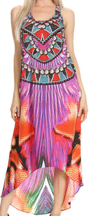 Sakkas Aramis Printed Long Draped Accent O Ring Crisscross Strappy Maxi Dress