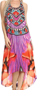 Sakkas Aramis Printed Long Draped Accent O Ring Crisscross Strappy Maxi Dress #color_17002-Purple