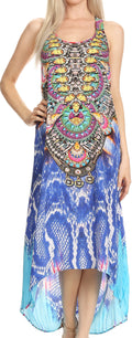 Sakkas Aramis Printed Long Draped Accent O Ring Crisscross Strappy Maxi Dress #color_17003-Turquoise/Yellow