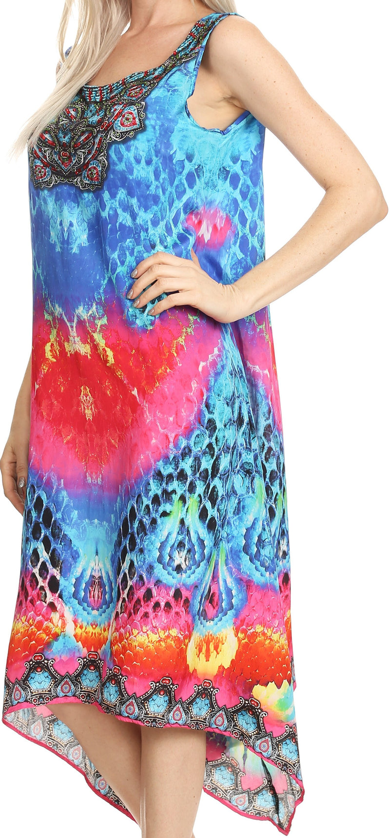 Sakkas Seneca Long Scoop Neck Printed Lightweight Beach Embellished Dress Coverup