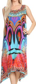 Sakkas Seneca Long Scoop Neck Printed Lightweight Beach Embellished Dress Coverup#color_17005-Turquoise/Purple