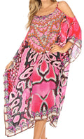 Sakkas Amaya Loose Fit Long Printed Strappy Cutout Shoulder Boat Neck Kaftan Dress#color_17013-Purple/Fuschia