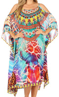 Sakkas Amaya Loose Fit Long Printed Strappy Cutout Shoulder Boat Neck Kaftan Dress#color_17014-Turquoise