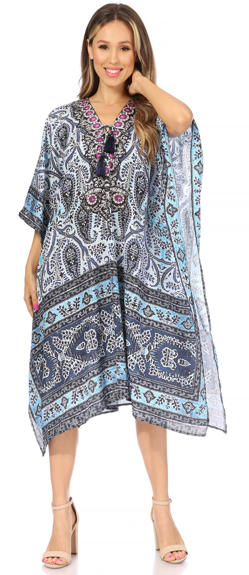 Sakkas Kristy Long Tall Lightweight Caftan Dress / Cover Up With V-Neck Jewels