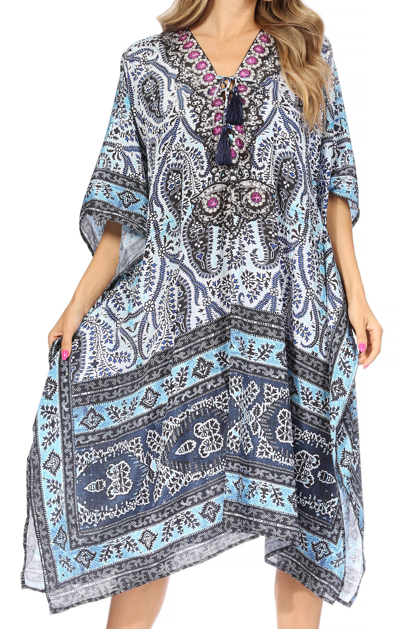 Sakkas Kristy Long Tall Lightweight Caftan Dress / Cover Up With V-Neck Jewels